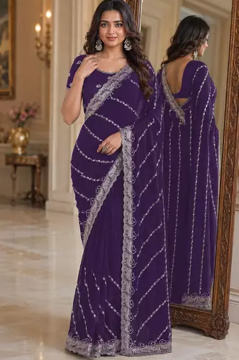 Purple soft georgette embroidery work festive saree with unstitched blouse piece