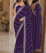 Purple soft georgette embroidery work festive saree with unstitched blouse piece