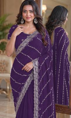 Purple soft georgette embroidery work festive saree with unstitched blouse piece 2