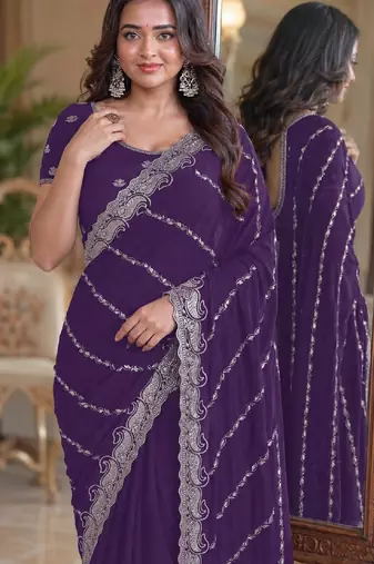 Purple soft georgette embroidery work festive saree with unstitched blouse piece