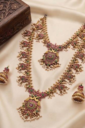 antique gold ruby green temple necklace set with jhumka earrings