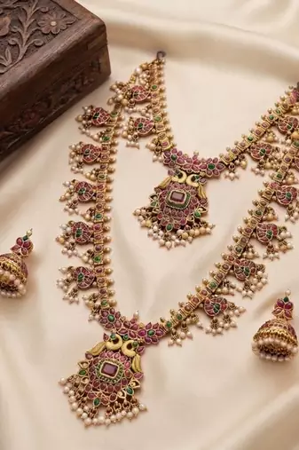 antique gold ruby green temple necklace set with jhumka earrings
