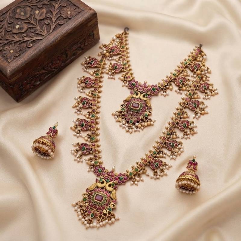 antique gold ruby green temple necklace set with jhumka earrings