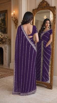 Purple soft georgette embroidery work festive saree with unstitched blouse piece 3