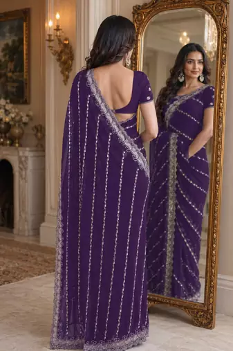 Purple soft georgette embroidery work festive saree with unstitched blouse piece