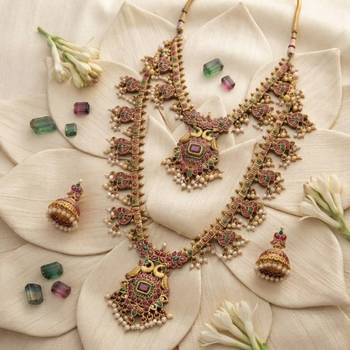 antique gold ruby green temple necklace set with jhumka earrings 2