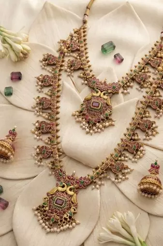 antique gold ruby green temple necklace set with jhumka earrings