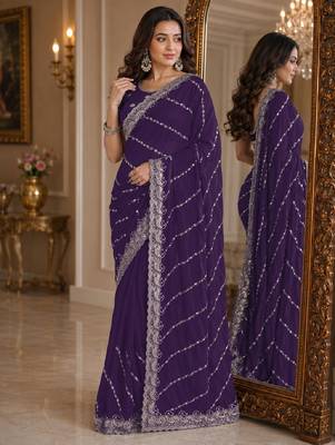 Purple soft georgette embroidery work festive saree with unstitched blouse piece 4