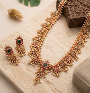 antique gold temple necklace set with ruby emerald stones & jhumkas 1