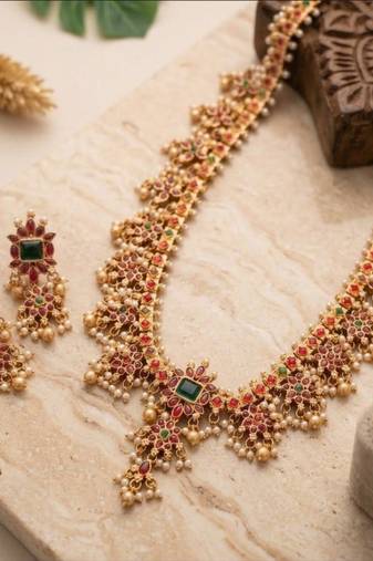 antique gold temple necklace set with ruby emerald stones & jhumkas