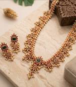 antique gold temple necklace set with ruby emerald stones & jhumkas