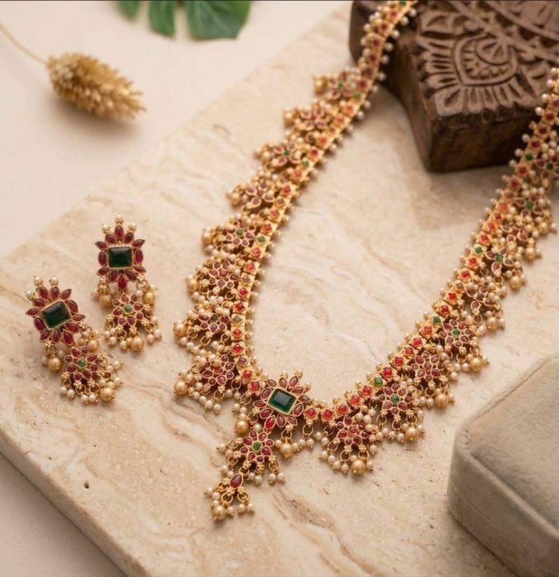 antique gold temple necklace set with ruby emerald stones & jhumkas