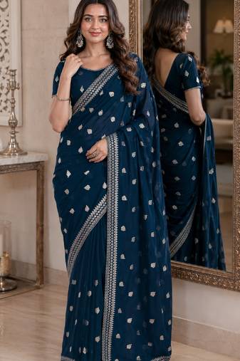Morpich soft georgette embroidery work festive saree with unstitched blouse piece