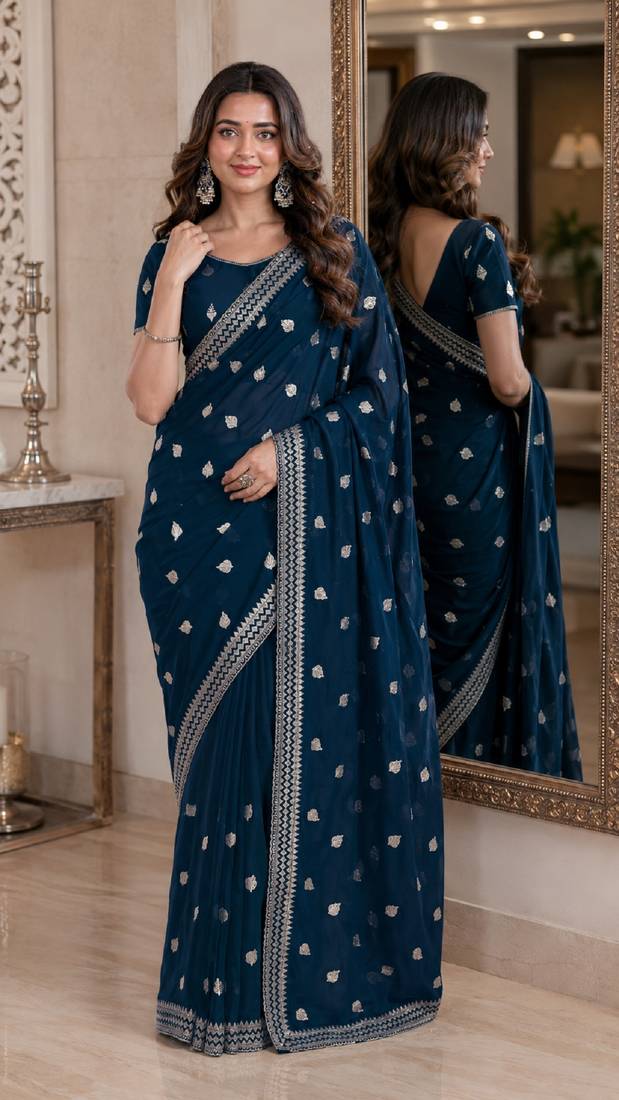 Morpich soft georgette embroidery work festive saree with unstitched blouse piece