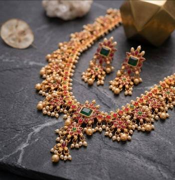 antique gold temple necklace set with ruby emerald stones & jhumkas 2
