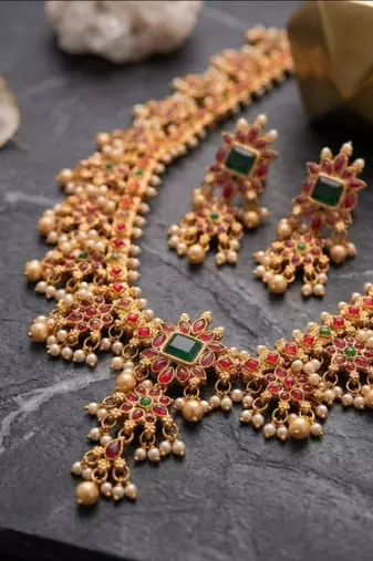 antique gold temple necklace set with ruby emerald stones & jhumkas