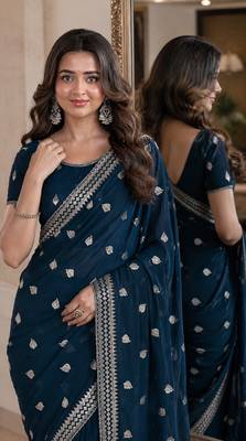 Morpich soft georgette embroidery work festive saree with unstitched blouse piece 2