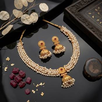 gold plated pearl choker necklace set with jhumka earrings 1