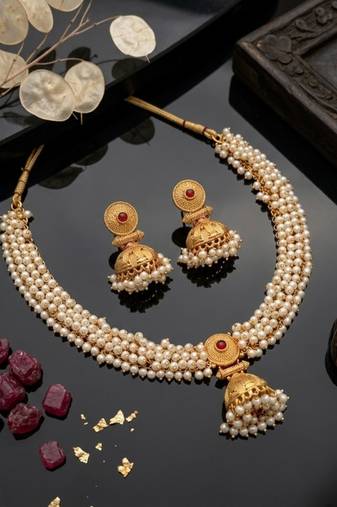 gold plated pearl choker necklace set with jhumka earrings