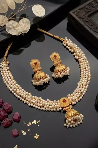 gold plated pearl choker necklace set with jhumka earrings
