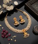 gold plated pearl choker necklace set with jhumka earrings