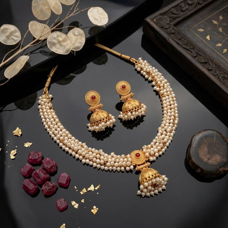 gold plated pearl choker necklace set with jhumka earrings