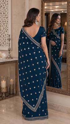 Morpich soft georgette embroidery work festive saree with unstitched blouse piece 3