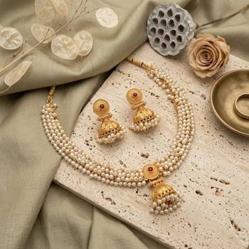 gold plated pearl choker necklace set with jhumka earrings 2