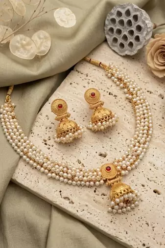 gold plated pearl choker necklace set with jhumka earrings
