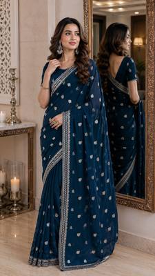 Morpich soft georgette embroidery work festive saree with unstitched blouse piece 4