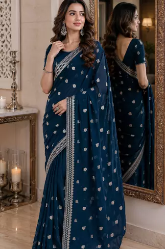 Morpich soft georgette embroidery work festive saree with unstitched blouse piece