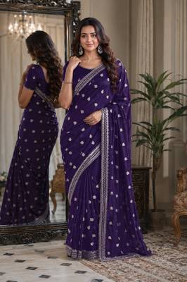 Purple soft georgette embroidery work festive saree with unstitched blouse piece 1
