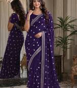 Purple soft georgette embroidery work festive saree with unstitched blouse piece