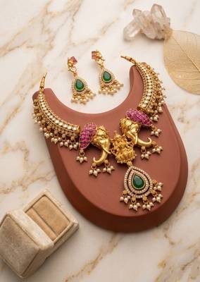 antique gold elephant kundan necklace set with mint green beads 1