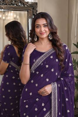 Purple soft georgette embroidery work festive saree with unstitched blouse piece 2