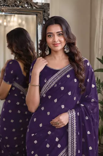 Purple soft georgette embroidery work festive saree with unstitched blouse piece