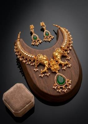 antique gold elephant kundan necklace set with mint green beads 2