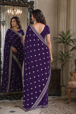 Purple soft georgette embroidery work festive saree with unstitched blouse piece 3