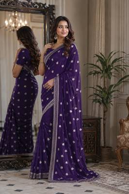 Purple soft georgette embroidery work festive saree with unstitched blouse piece 4