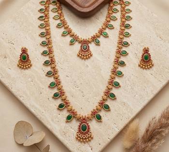 green emerald long haram temple necklace set 1