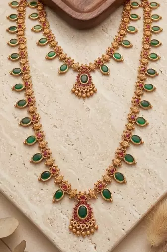 green emerald long haram temple necklace set