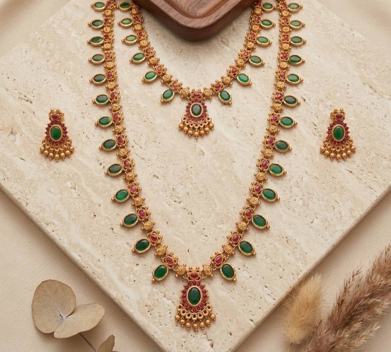 green emerald long haram temple necklace set