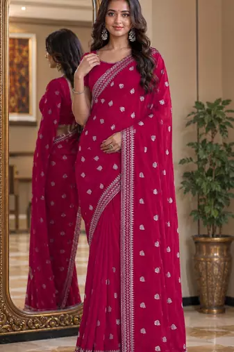 Pink soft georgette embroidery work festive saree with unstitched blouse piece