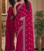 Pink soft georgette embroidery work festive saree with unstitched blouse piece