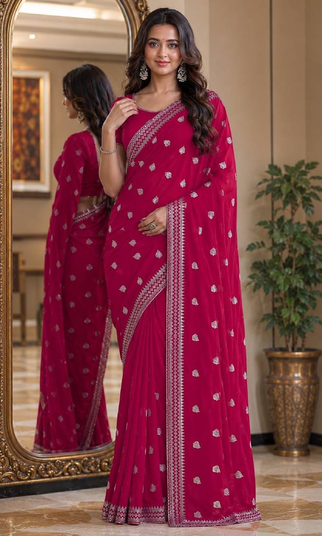 Pink soft georgette embroidery work festive saree with unstitched blouse piece