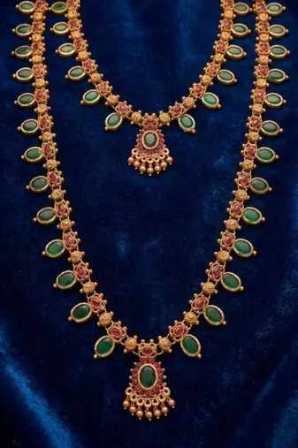 green emerald long haram temple necklace set