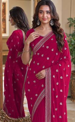 Pink soft georgette embroidery work festive saree with unstitched blouse piece 2