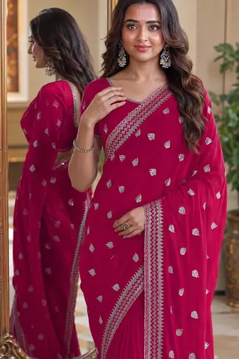 Pink soft georgette embroidery work festive saree with unstitched blouse piece