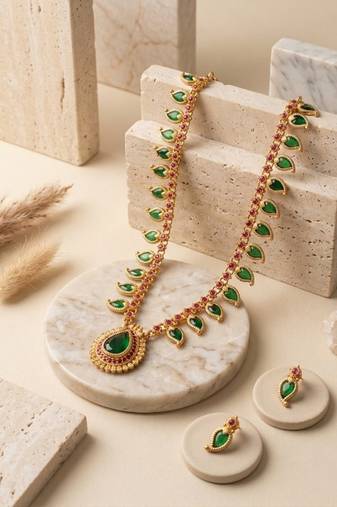 green meenakari long haram necklace set