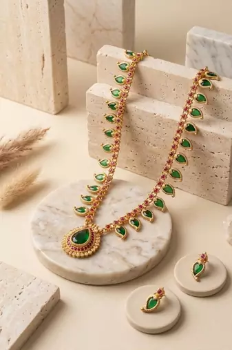 green meenakari long haram necklace set